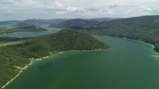 Aerial view of beautiful bulgarian nature. Mountain hills and water of Tsonevo Reservoir dam panorama, nature of Bulgaria. Bulgarian wonderful rock, Chudnite skali. 