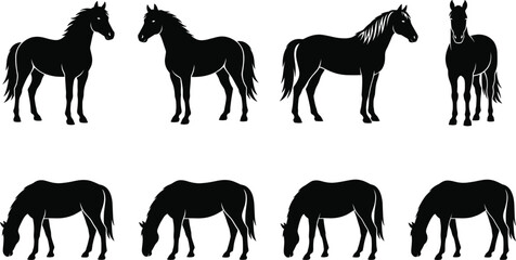 Horse Silhouette Collection Farm Animal Black Stallion and Mare Standing Grazing Vector Illustration Set © pappa