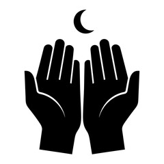 Fototapeta premium Silhouette of two hands raised in Islamic prayer with a crescent moon above, representing faith, dua, and Ramadan.