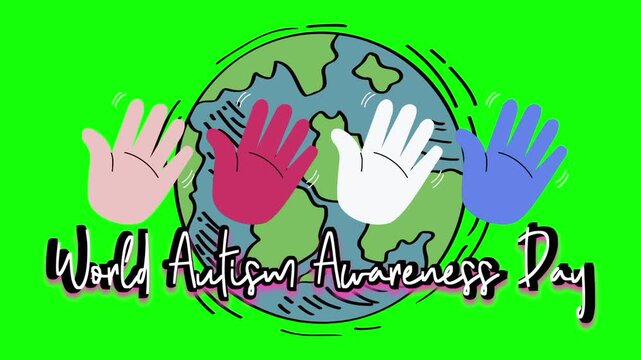 World Autism Awareness Day text animation concept with colorful hands and earth vector icon symbol popup. Animated black word design, editable lettering motion graphic video template with green screen