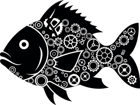 Steampunk Mechanical Fish Silhouette with Gears and Cogs Vector Illustration