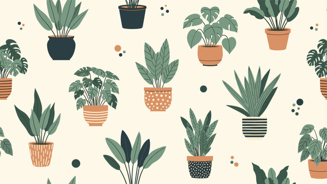 Beautiful seamless pattern showcasing a wide variety of indoor houseplants in decorative ceramic pots against a cream background.