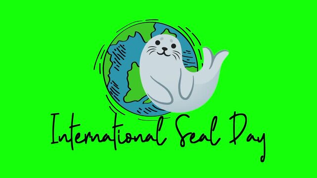 International Seal Day text animation concept with earth vector icon symbol popup. Animated black word design, editable lettering motion graphic video template with green screen background.