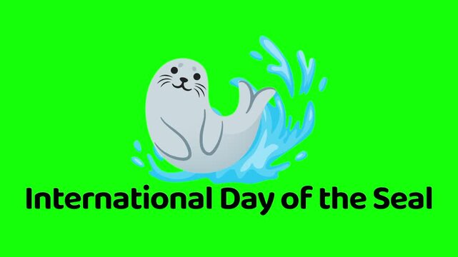 International Day of the Seal text animation concept with ocean water splash vector icon symbol popup. Animated black word design, editable lettering motion graphic video template with green screen.