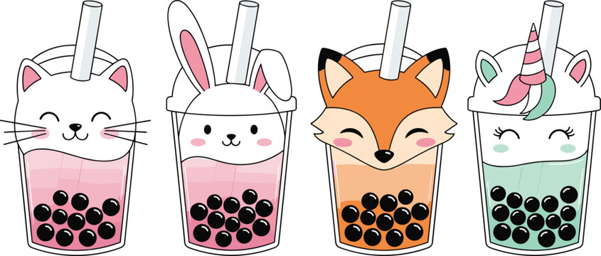 Cute Kawaii Bubble Tea Cups with Animal Faces Cat Bunny Fox Unicorn Pastel Cartoon Vector Illustration