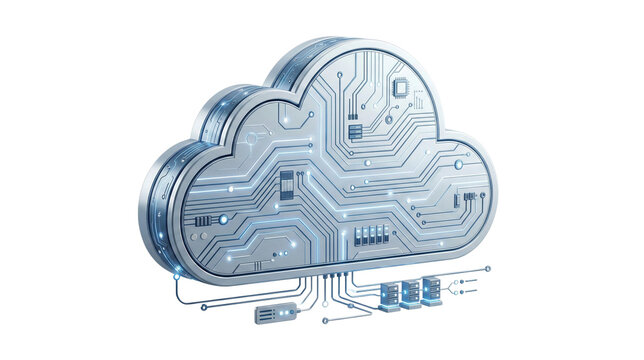 3D Illustration of a Silver Metallic Cloud Integrated with Circuit Board Patterns and Server Database Icons Below Representing Cloud Computing Data Storage and High Tech Networking