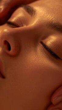 Vertical video: Applying oil, therapist massaging client's face for relaxation at spa with hands