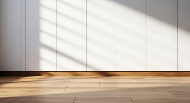 Sunlight streaming through window blinds onto wooden floor and white wall background