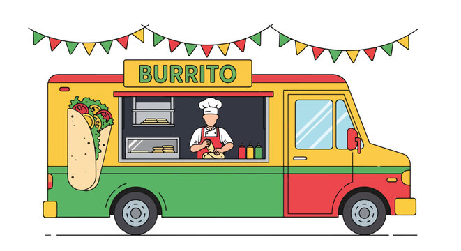 Modern vector illustration of Mexican burrito food truck serving street food at outdoor festival. Mobile fast casual restaurant concept with chef preparing wraps and happy customers in urban event sce