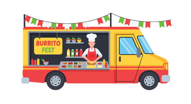 Modern vector illustration of Mexican burrito food truck serving street food at outdoor festival. Mobile fast casual restaurant concept with chef preparing wraps and happy customers in urban event sce