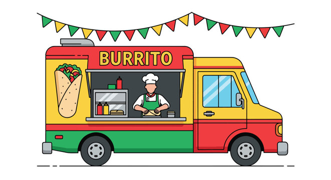 Modern vector illustration of Mexican burrito food truck serving street food at outdoor festival. Mobile fast casual restaurant concept with chef preparing wraps and happy customers in urban event sce
