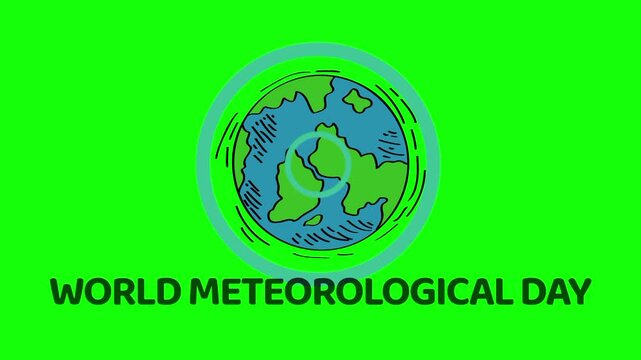 World Meteorological Day text animation concept with blue climate signal cloud climate vector icon symbol popup. Animated word design, editable lettering motion graphic video template, green screen