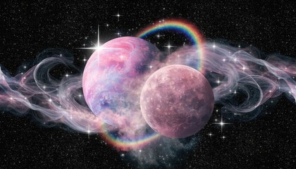 Fototapeta premium Vibrant pink planets with rainbow in starry space background