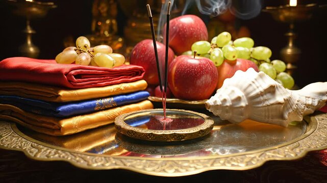 Arrangement Of Fruits Incense Sticks And Conch Shell On A Golden Tray With Soft Lighting And Smoke Rising From Incense