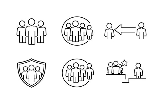 Line style vector icons of favoritism toward one&rsquo;s group: team-icon motif, highlighted-group outline, outsider-figure symbol,