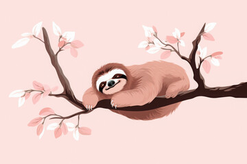 Obraz premium Adorable Sloth Illustration Resting Peacefully on a Tree Branch with Soft Pink Leaves and Flowers