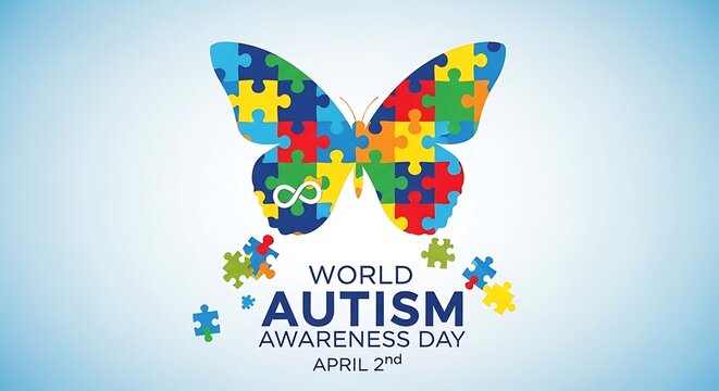 Colorful butterfly symbol with autism awareness text for World Autism Day campaign on light blue background