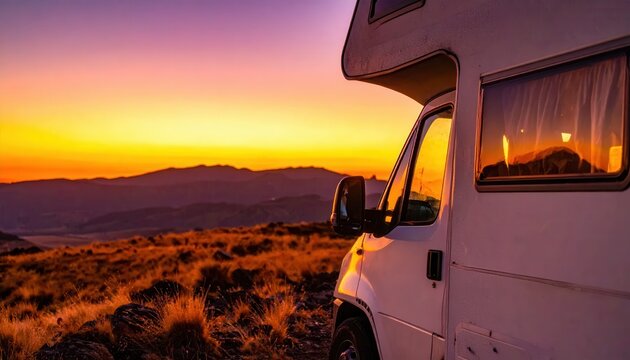 Wohnmobil auf Bergkuppe im Sonnenuntergang, malerische Landschaft mit warmen Farben und Reflexionen im Fenster.