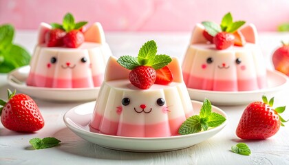 White gelatine desserts shaped like cat, with fresh strawberries and mint leaves. Cat-shaped jelly pudding sweet