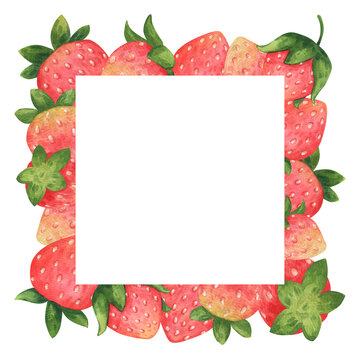 Cute square frame with strawberries. Summer berries in a childish cartoon style.Watercolor illustration hand drawn and isolated on a white background. Ideal for card, poster, packing, other polygraph
