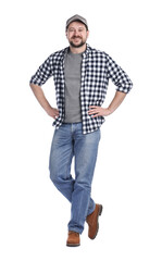 Fototapeta premium Smiling long-haul truck driver in baseball cap and checkered shirt on white background