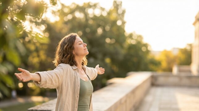 A relaxed woman outdoors enjoying sunlight with arms open female adult in casual clothing breathing fresh air and expressing calm contentment