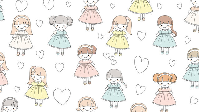 Cute seamless pattern with hand drawn little girls wearing colorful dresses and flying hearts for children's textile design.