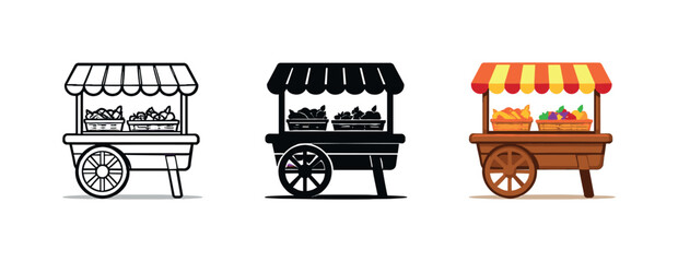 Naklejka premium Symbolic buying journey represented by a compact market wagon with open top and wheels shown three times in a horizontal sequence
