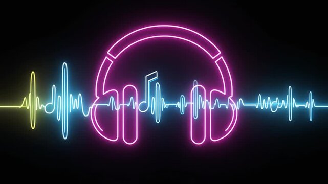 Neon Headphones with Pulsating Sound Waves and Musical Note