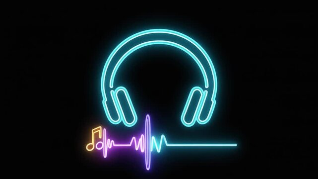 Neon Headphones with Animated Sound Wave and Music Note on Black Background