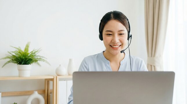 Smiling young woman with headset on laptop in bright home office, remote customer service representative working from home with plants and curtains in background