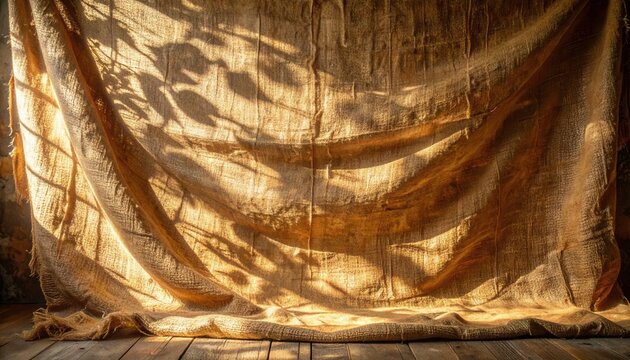 Sonnenlicht f&auml;llt durch ein Fenster und wirft Schatten von Bl&auml;ttern auf eine rustikale Jute-Leinwand.