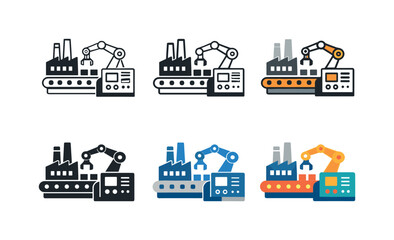 Obraz premium Industrial workflow automation icon depicting factory buildings, robotic arms, conveyor belts, and control panels representing