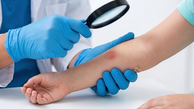 Pediatric checkup doctor hand magnifier blue glove examine child arm rash bandage healthcare clinic exam medical visit health care safety support prevention concern allergy skin infection