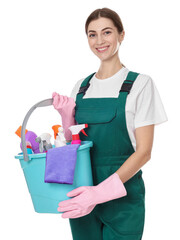 Smiling cleaning service worker with bucket of maintenance supplies on white background