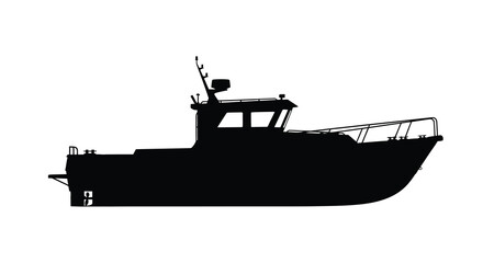 A stark black silhouette of a fishing vessel is prominently displayed against a clean white background silhouette high quality © RMvectors02