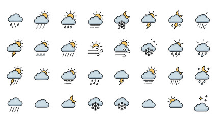 Obraz premium Extensive collection of weather forecast icons provides symbols for various atmospheric conditions including rain, storms, fog, and sun cycles.