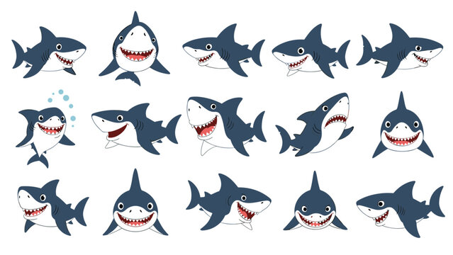 Large collection of friendly cartoon sharks is presented in various swimming positions and expressions for an underwater themed design project.