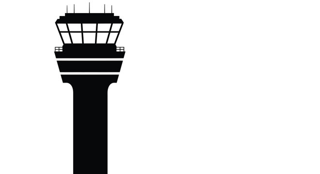 A stark black silhouette of a multi tiered air traffic control tower against a plain white background silhouette high quality