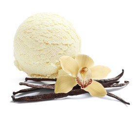 Vanilla ice cream. Scoop of frozen dessert, flower and pods on white background