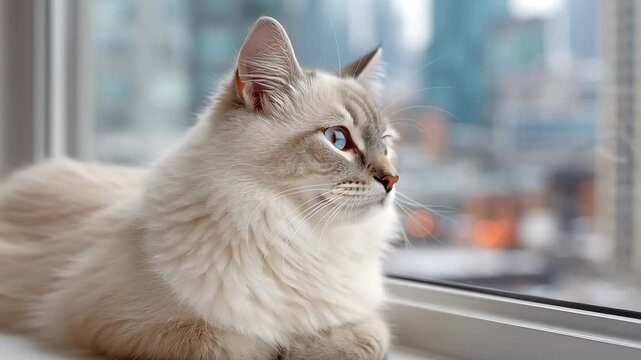 Fluffy blue eyed Birman cat resting on windowsill with city view in background
