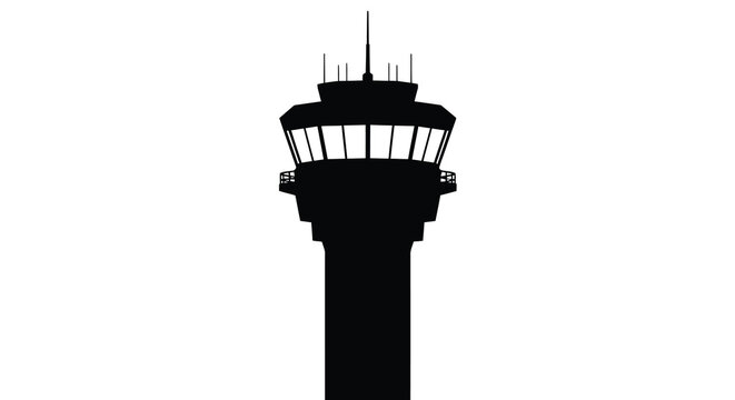 A stark black air traffic control tower stands prominently against a bright white background presented as a silhouette