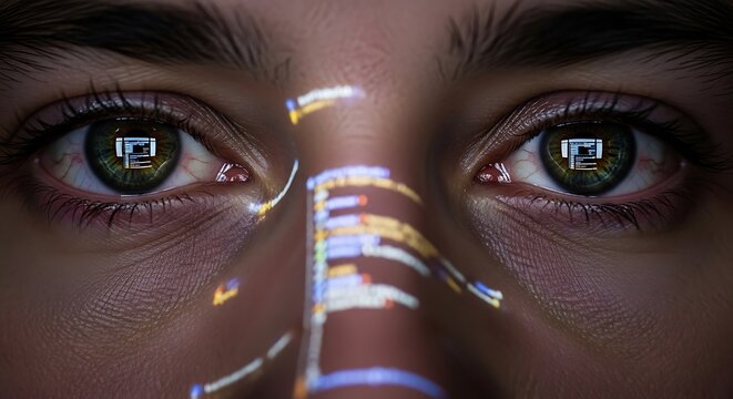 Close up of human eyes reflecting digital code data technology