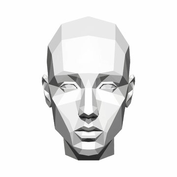 Abstract geometric human head sculpture in white.