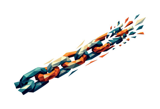 Low-poly vector illustration of a blockchain chain escalating toward failure, dynamic diagonal composition with chain links