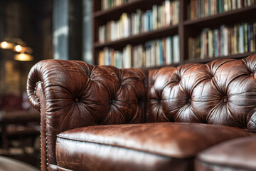 Obraz premium Vintage brown leather sofa with tufted details in a cozy library setting surrounded by shelves filled with books and warm ambient lighting