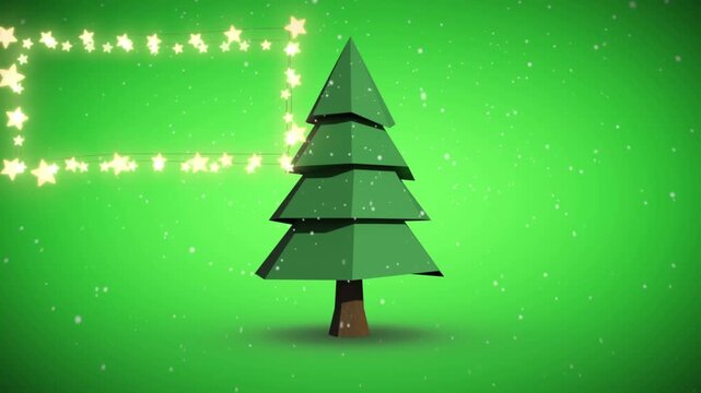 Animation of fairy lights frame with copy space and christmas tree on green background