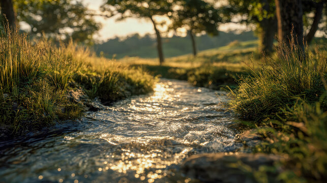 Tranquil flowing stream reflecting golden sunlight surrounded by lush green grass and trees in a peaceful natural landscape during early morning hours