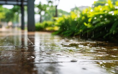 Fototapeta premium Misty Urban Park Scene with Rain Puddles and Lush Greenery Atmosphere