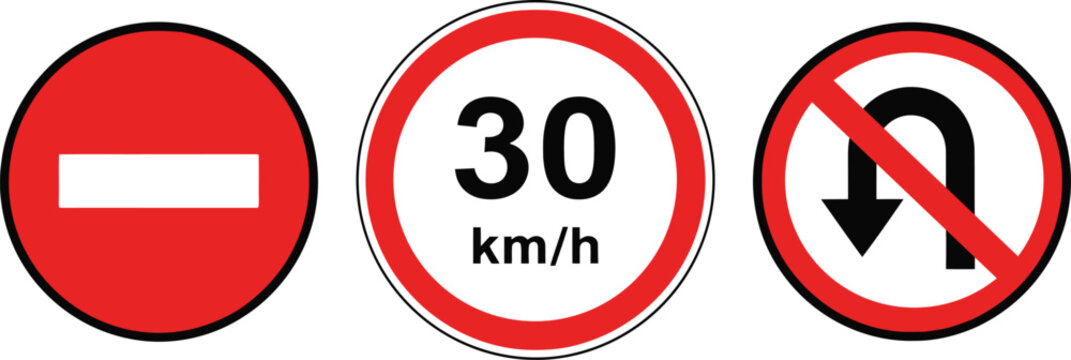 set of Essential road signs illustrating traffic regulations: speed limit, no entry, and explicit prohibition symbols for driver safety.